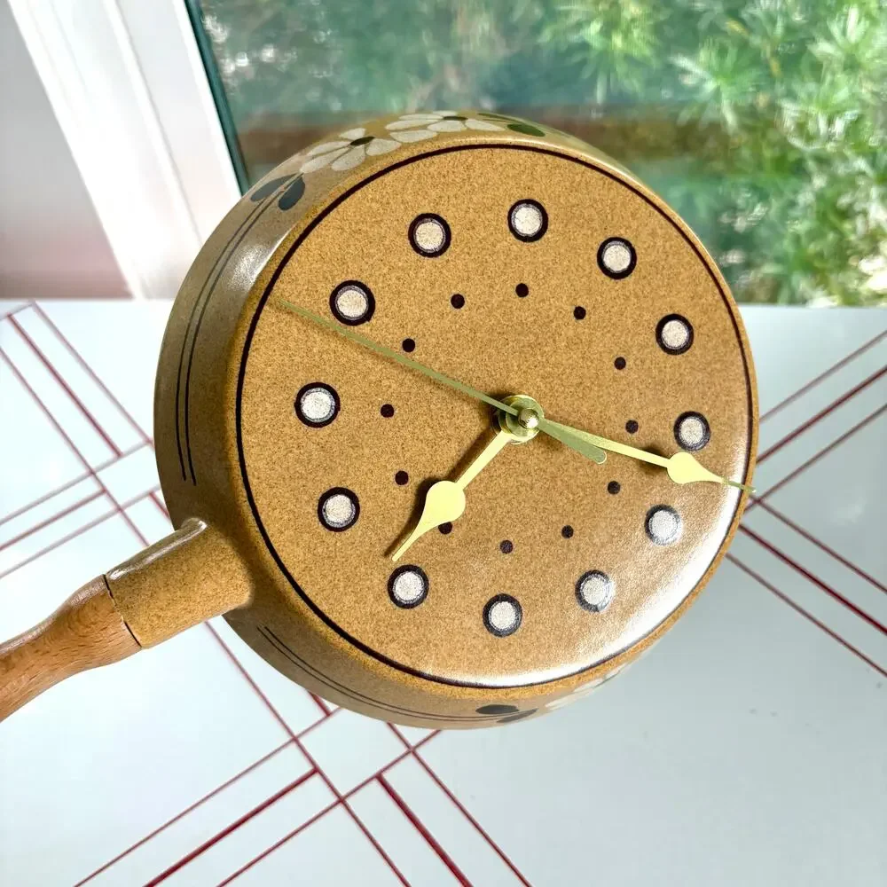 Vintage Frying Pan Wall Clock Ceramic Kitchen Decor Retro Floral